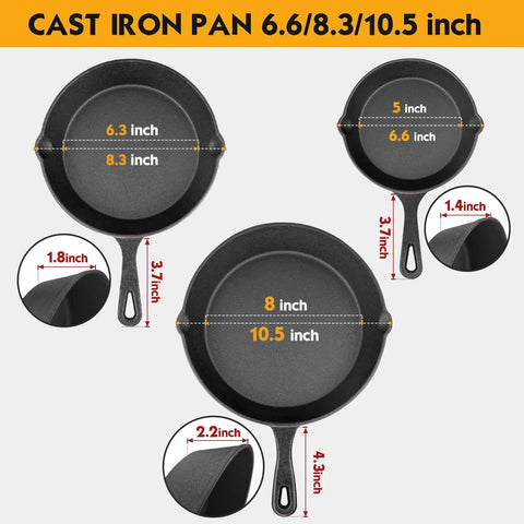Three-Piece Cast Iron Skillet Set with 6.6, 8.3, 10.5 inch pans, shown with size dimensions and handles