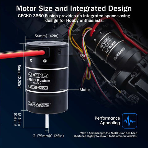 Diagram of 2 In 1 Fusion FOC Brushless Drive System for 1 Tenth Scale RC rock crawler, showing motor size and integrated design
