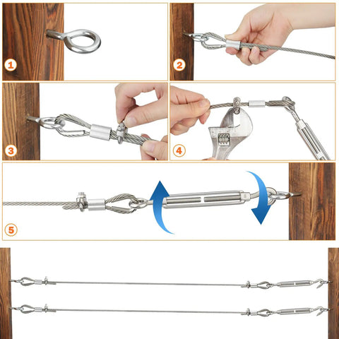 Heavy Duty 1/8 Stainless Steel Cable Kit, 50 Ft Aircraft Wire Rope 7x7 With M6 Turnbuckles installation demonstration
