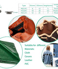 Hand Operated Grommet Press Kit With Three Dies 0 2 4 And 2400 Grommets for various materials like leather and PVC with use examples.