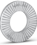 Delta Protekt Steel Wedge Locking Washer for M10 Bolts, vibration-resistant with zinc flake coating, side view showing serrations.