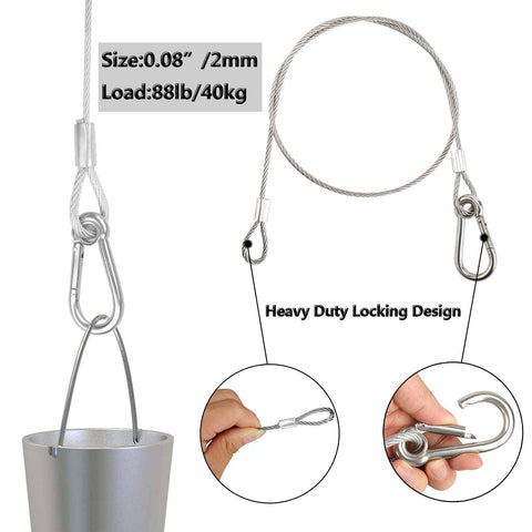 Heavy Duty Stainless Steel Safety Cable Lock With Loops And Carabiner, Flexible Wire Cable, 88 lbs load capacity, close-up detail