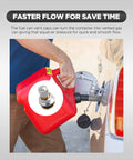 Person refueling a car with a red gas can equipped with Six Pack Gas Tank Vent Caps Kit With Drill Bit And Wrenches Leak Proof Metal Gas Can Vent Caps To Improve Flow Exhaust Vent Valve Kit For Faster Refills And Safer Fuel Handling