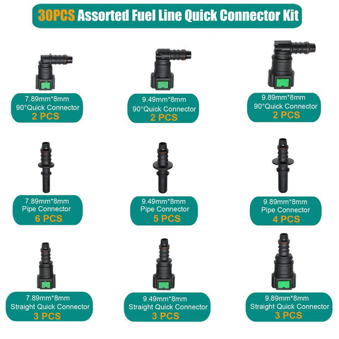 Image of 30 Piece Fuel Line Quick Connector Set For SAE 5/16 Inch Hoses, showing assorted 7.89mm 9.49mm 9.89mm fittings, 90° elbows.