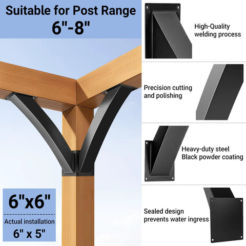 Heavy Duty 45 Degree Arc Angle Bracket Kit For 6x6 Wood Posts, Pergola Gazebo Deck Porch Log Cabin Support Brackets, Built Tough Post And Beam Connectors For Strong, Easy Install