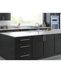 Kitchen island with 12 Inch Center To Center Stainless Steel Cabinet Handles installed on dark cabinets