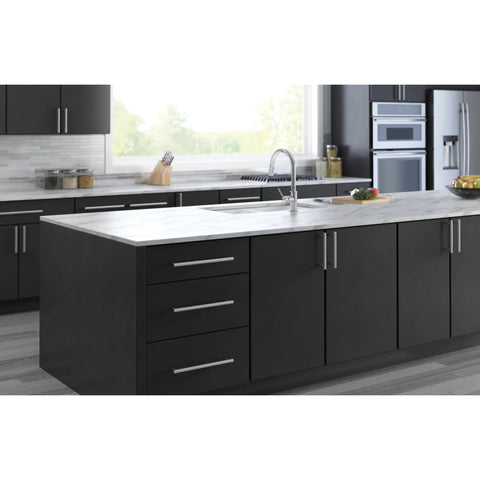 Kitchen island with 12 Inch Center To Center Stainless Steel Cabinet Handles installed on dark cabinets