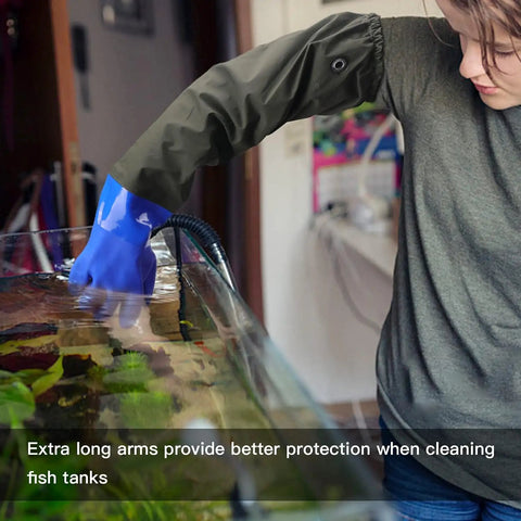 Person using Long Waterproof Chemical Gloves 28 Inch, Reusable Padded Cotton Lined, Acid And Oil Resistant for fish tank cleaning.