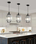 Next Level 2 Pack Matte Black Pendant Lights With Textured Water Ripple Glass For Kitchen Island And Dining Room Square Hanging Fixtures.