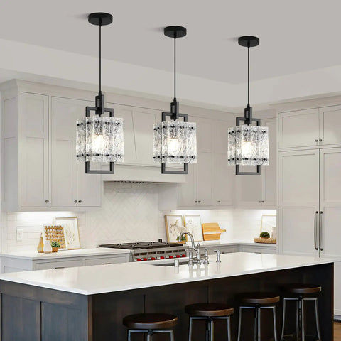 Next Level 2 Pack Matte Black Pendant Lights With Textured Water Ripple Glass For Kitchen Island And Dining Room Square Hanging Fixtures.