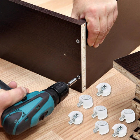 White Furniture Shelf Support Pegs Cam Lock Fasteners With Cabinet Connectors For Hidden Shelf Brackets And Wardrobe Panel Assembly 30 Piece Set being installed with a drill.