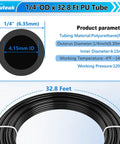 Diagram of 1/4 Inch Air Line Tubing Kit With 32.8 Feet PU Tube And 15 Push To Connect Fittings, showing dimensions and specifications.