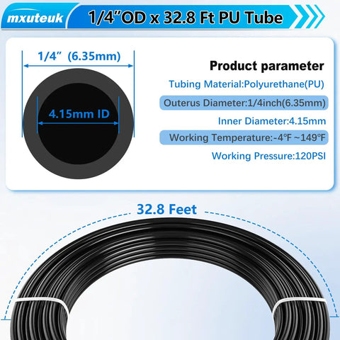 Diagram of 1/4 Inch Air Line Tubing Kit With 32.8 Feet PU Tube And 15 Push To Connect Fittings, showing dimensions and specifications.