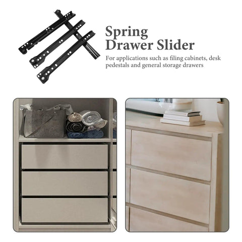 10 inch Full Extension Drawer Slides Set with Ball Bearing for Smooth Quiet Glide, shown with dresser and cabinet applications.