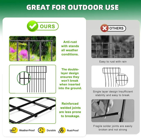 Comparison of Easy No Dig Dog Fence 25 Panels Garden Barrier with other fences; highlights rustproof, durable design for outdoor use.