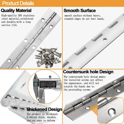 Premium 6 Inch Heavy Duty Piano Hinge Set Built Tough From 304 Stainless Steel With A 1 2 Inch Span showing detail and screws.