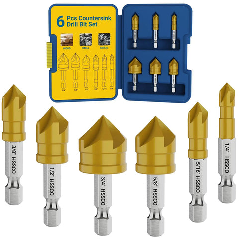 Six Piece Countersink Drill Bit Set With M35 Cobalt HSS For Metal Wood Stainless Steel And Carbon Steel in case with sizes visible