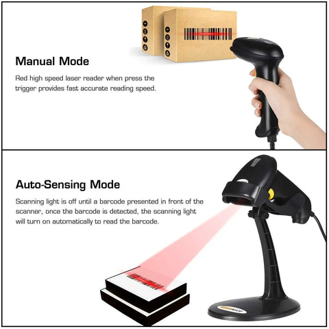 Plug And Play USB Barcode Scanner Laser Wired Handheld With Stand For Windows Mac Linux POS Systems Easy Setup Lightweight Ergonomic Reader That Speeds Up Checkouts And Inventory Scanning; manual and auto-sensing modes