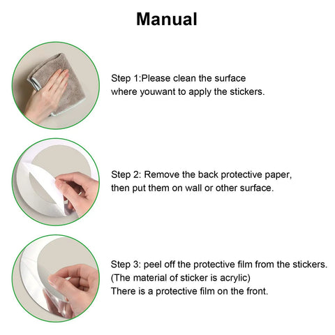 Instruction manual showing 3 steps to apply Dope 32 Piece Adjustable Acrylic Mirror Wall Decals Set Removable Round Mirror Stickers For Home Decor In Multiple Sizes 5.3 Inch, 3.9 Inch, 3.0 Inch, 2.0 Inch, 1.2 Inch, 0.6 Inch Style 4.