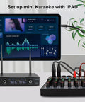 6 Channel Professional DJ Audio Mixer With DSP Effects And 16 Preset Effects next to tablet for home party setup