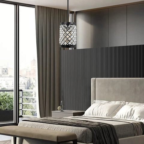 Modern Black Crystal Pendant Lights With 108 Prism Glasses Matte Black Industrial Style 1 Light Hanging Ceiling Lamp in Bedroom