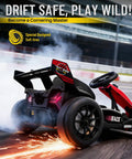 Back view of red 36V Kids Go Kart 600W Electric Drift Racing Kart for Outdoors, on track with sparks and smoke.