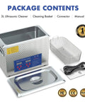 Package includes 3L Ultrasonic Parts Cleaner With 200W Heating, basket, cord, and manual on white background.