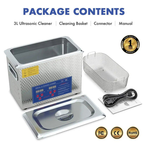 Package includes 3L Ultrasonic Parts Cleaner With 200W Heating, basket, cord, and manual on white background.