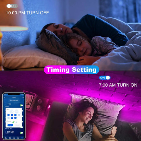 Bluetooth Led Strip Lights for Bedroom 100 Feet with App Control and IR Remote RGB Color Changing Lit Mood Lighting showing timing setting