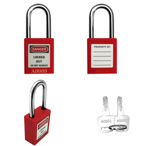 Keyed Different Lockout Tagout Locks Kit 7 Safe Padlocks With 10 Tags, each lock has unique number, dual keys per lock shown