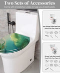 Elongated Toilet Seat Resin Bathroom green marble design on standard toilet with installation accessory details.