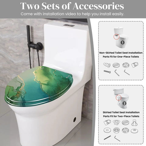 Elongated Toilet Seat Resin Bathroom green marble design on standard toilet with installation accessory details.