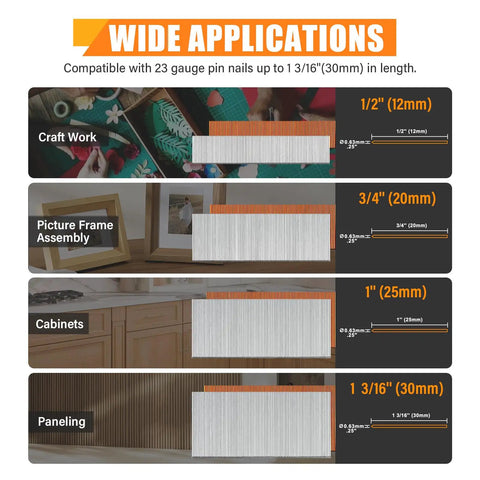 Wide applications of Lightweight 23 Gauge Pneumatic Headless Pin Nailer Kit With 10000 Pins for crafts, frames, cabinets, paneling.