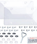 Two Pack Clear License Plate Covers for Car Unbreakable Protection with UV Shield, includes screws, caps, washers, screwdriver