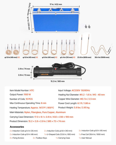 Induction Heater Bolt Removal Kit 1100W 110V with blue case, 10 coils, and handheld device for rusty bolts and car repairs.
