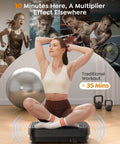 Woman using full body vibration plate for home workouts with 99 adjustable speeds, enhancing muscle toning and lymphatic drainage.