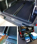 Heavy Duty Drawer Slides With Secure Locking Mechanism And Full Extension Side Mount Runners For Kitchen Cabinets, Home Desks, And Camper Vans Featuring Easy Drop In Install With Adjustable Lengths From Ten To Sixty For Sharp Storage Builds shown in camper van storage with tools and cooler.