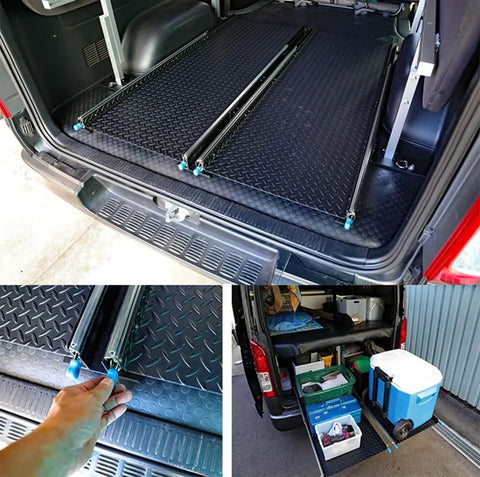Heavy Duty Drawer Slides With Secure Locking Mechanism And Full Extension Side Mount Runners For Kitchen Cabinets, Home Desks, And Camper Vans Featuring Easy Drop In Install With Adjustable Lengths From Ten To Sixty For Sharp Storage Builds shown in camper van storage with tools and cooler.