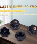 Slick Black M6 Star Knobs With Female Thread And Solid Clamping Grip 15 Piece Essential Set Of Screw On Plastic Handles For Mechanical Equipment Tweaks And Rig Adjustments on a wooden table showcasing various angles.