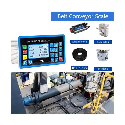 Conveyor Belt Scale System with full weighing display and control, showing S Type Load Cells 3 PCS and speed sensor encoder.