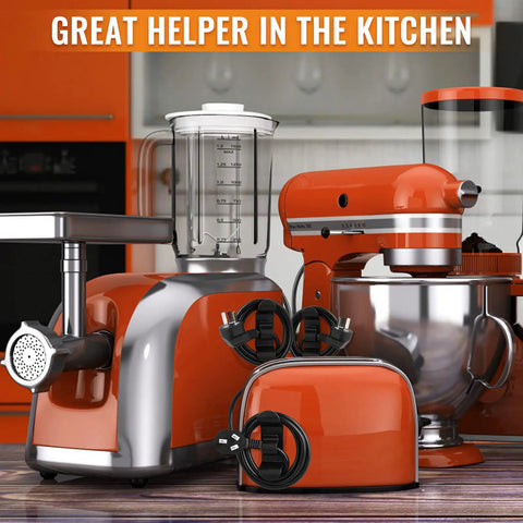 4 Pack Appliance Cord Organizer Kit No Mess Kitchen Cords And Wires Tidy Wrap Cord Keeper Stick On Holder For Stand Mixer Coffee Maker Pressure Cooker Air Fryer Black in use with orange kitchen appliances