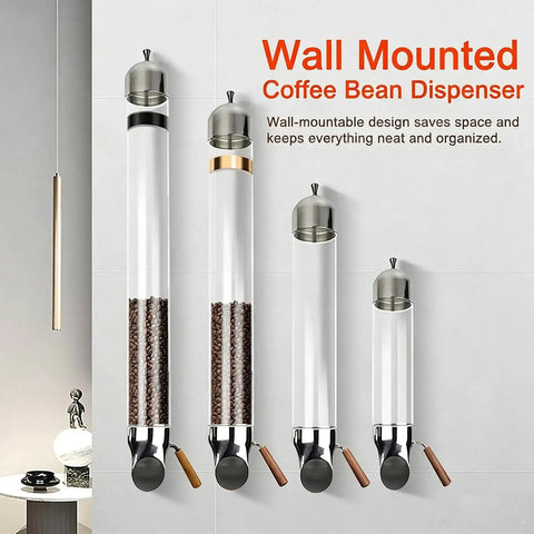Wall Mounted Coffee Bean Dispenser With Adjustable Flow Valve For Candy Oatmeal And Bulk Tea Storage Clear Glass Jar showing multiple sizes with coffee beans