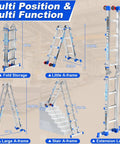 Heavy Duty Multi Position Telescoping Ladder With Smooth Roll Wheels 14 Ft Reach showcasing various configurations and dimensions.