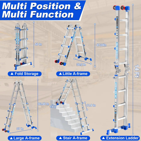 Heavy Duty Multi Position Telescoping Ladder With Smooth Roll Wheels 14 Ft Reach showcasing various configurations and dimensions.
