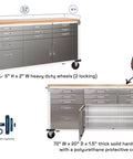 Heavy Duty 12 Piece Steel Garage Cabinet Storage Sets Featuring Lockable Rolling Workbench and Wall Cabinets, with solid wood top and heavy duty wheels.