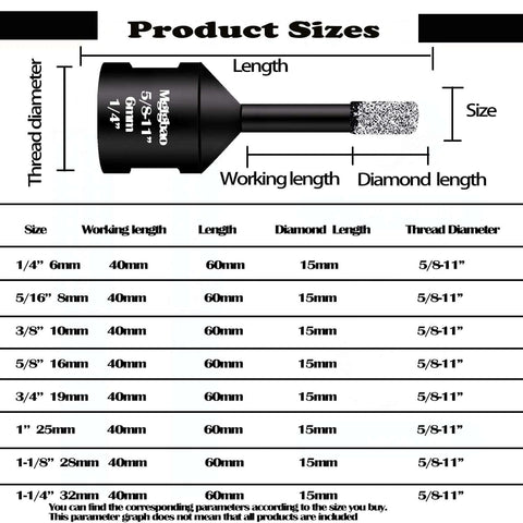 Mgtgbao 5mm dry diamond core drill bit with vacuum brazed coating; front view showing size chart and 5/8-11 thread.