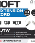 Infographic of a 10 ft 10 Gauge 3 Conductor Lighted Outdoor Extension Cord For Indoor And Outdoor Use, Heavy Duty Black Cable specs.