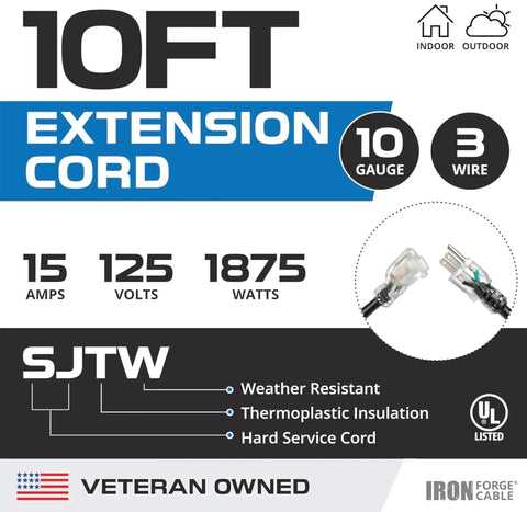 Infographic of a 10 ft 10 Gauge 3 Conductor Lighted Outdoor Extension Cord For Indoor And Outdoor Use, Heavy Duty Black Cable specs.