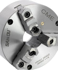 Premium 8 Inch 3 Jaw Self Centering Scroll Lathe Chuck With Front Mount and Two Piece Reversible Jaws showing quench hardened steel internals.