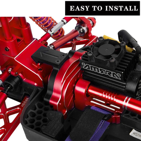 Close-up of Aluminum Motor Mount Gear Cover Upgrade Kit for 1/10 Granite, Senton, Vorteks, and Big Rock 3S BLX Mega 550 RC Trucks Red